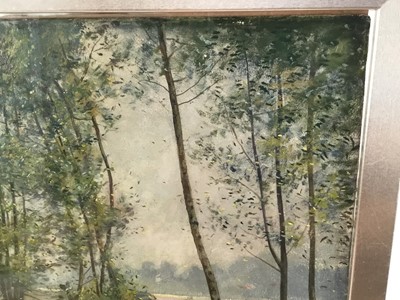 Lot 112 - Manner of Gustave Courbet (1819 - 1877), oil on board, wooded river landscape with a mother and child in the foreground,  in gilt frame. 39 x 49cm.