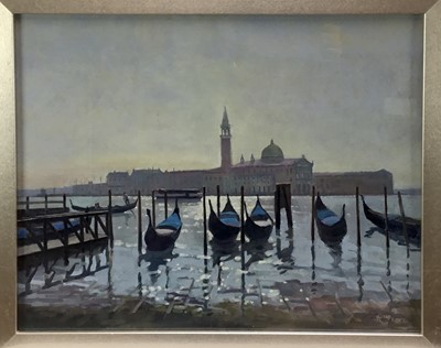 Lot 111 - Peter Z. Phillips, oil on board, view across the Bay of Venice with gondolas in the foreground, signed and dated '24, in silver frame. 40 x 50cm.