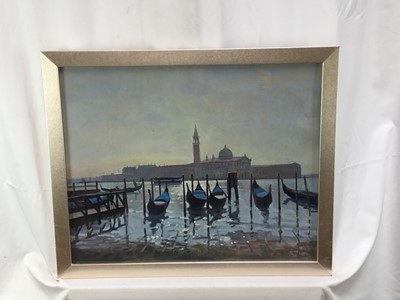 Lot 111 - Peter Z. Phillips, oil on board, view across the Bay of Venice with gondolas in the foreground, signed and dated '24, in silver frame. 40 x 50cm.