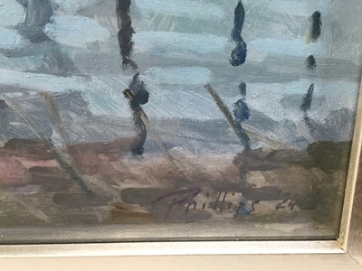 Lot 111 - Peter Z. Phillips, oil on board, view across the Bay of Venice with gondolas in the foreground, signed and dated '24, in silver frame. 40 x 50cm.