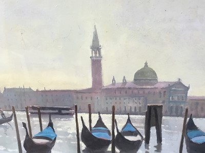 Lot 111 - Peter Z. Phillips, oil on board, view across the Bay of Venice with gondolas in the foreground, signed and dated '24, in silver frame. 40 x 50cm.