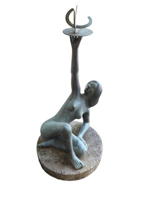 Lot 1671 - Donald Simpson (1926-2023) bronze sculpture of a female figure holding a sundial, with original receipt dated 1977