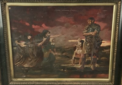 Lot 139 - Continental school, oil on board - The Three Witches, 35cm x 45cm, in glazed frame