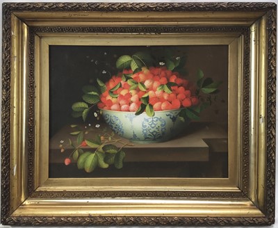 Lot 130 - Continental School, 20th Century, oil on board - Strawberries in a Porcelain Bowl, 28cm x 37cm, in gilt frame