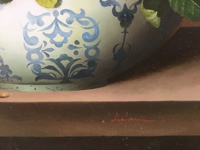 Lot 130 - Continental School, 20th Century, oil on board - Strawberries in a Porcelain Bowl, 28cm x 37cm, in gilt frame