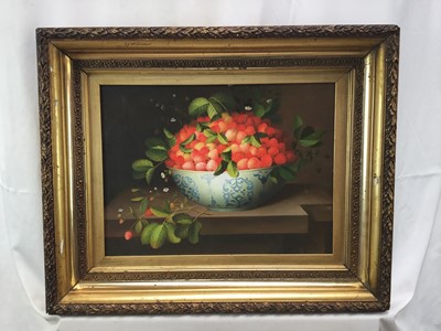 Lot 130 - Continental School, 20th Century, oil on board - Strawberries in a Porcelain Bowl, 28cm x 37cm, in gilt frame