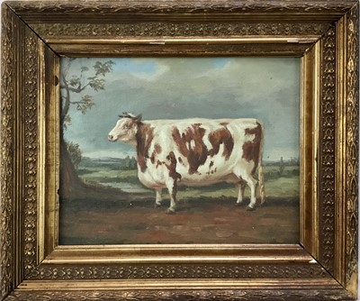 Lot 127 - Continental School, oil on canvas - Prize Bull in a landscape, 19cm x 24.5cm, in gilt frame