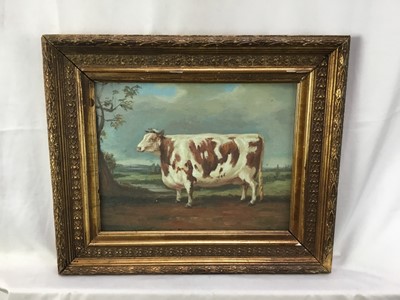 Lot 127 - Continental School, oil on canvas - Prize Bull in a landscape, 19cm x 24.5cm, in gilt frame