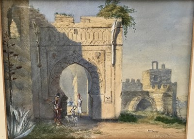 Lot 126 - 19th Century School, watercolour - View of an Arabic Citadel with figures, 18cm x 23cm, in glazed frame