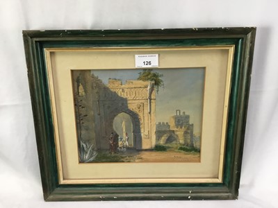 Lot 126 - 19th Century School, watercolour - View of an Arabic Citadel with figures, 18cm x 23cm, in glazed frame