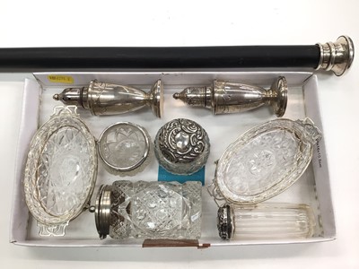 Lot 1067 - Pair of 'Empire Sterling' salt and pepper, pair of silver mounted glass oval dishes, other silver mounted glass items and a silver mounted walking cane