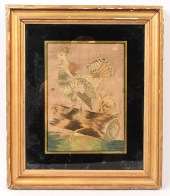 Lot 804 - Georgian silk embroidery of a cock, shown perched on a log, in verre églomisé frame