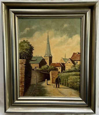 Lot 164 - German school oil on board - town scene in Willich