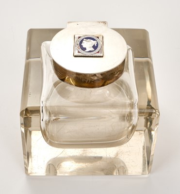 Lot 257 - Large silver mounted glass inkwell with a polychrome enamelled Victorian postage stamp to the cover