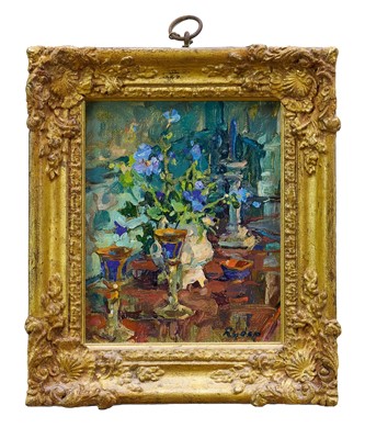 Lot 1141 - Susan Ryder (b. 1944) oil on canvas - Still Life on a Table, 20cm x 18cm, in gilt frame