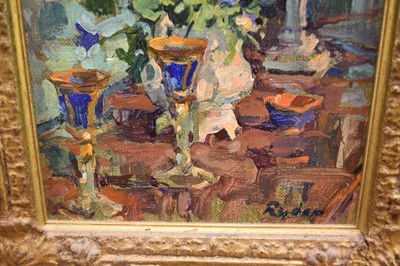 Lot 1141 - Susan Ryder (b. 1944) oil on canvas - Still Life on a Table, 20cm x 18cm, in gilt frame