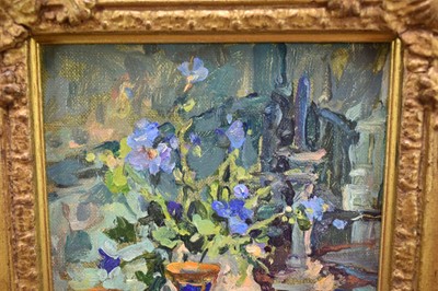 Lot 1141 - Susan Ryder (b. 1944) oil on canvas - Still Life on a Table, 20cm x 18cm, in gilt frame