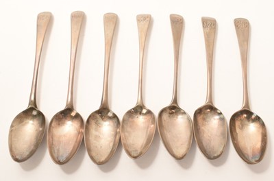 Lot 233 - Three George III table spoons by Hester Bateman and four others