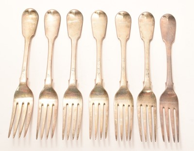 Lot 234 - Seven George IV silver Fiddle pattern table forks