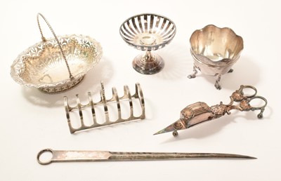 Lot 243 - Toast rack, footed sugar bowl, swing basket, pierced dish, plated skewer and candle snuffers