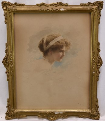 Lot 1088 - Attributed to Gertrude Partington (1883-1956) watercolour portrait of a lady, 'Kathleen McLean, Aldershot 1909', signed and dated, 36cm x 27.5cm, in glazed gilt frame