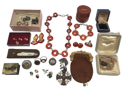 Lot 54 - Group of antique and vintage jewellery including silver brooches and rings, woven seed pearl necklace, enamelled ladbybird and bug pins/studs and a carnelian suite of jewellery