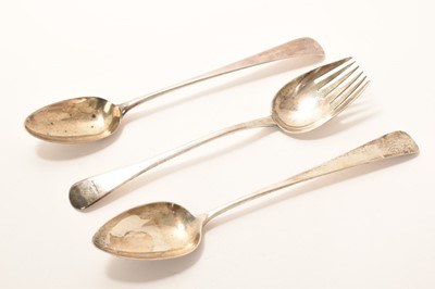 Lot 246 - Two Georgian silver serving spoons and another adapted as a fork