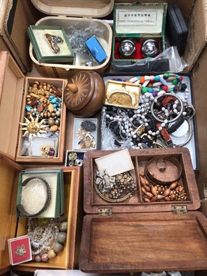 Lot 1116 - Box of vintage costume jewellery, wristwatches, silver pocket watch, wooden boxes and a four draw wooden jewellery cabinet