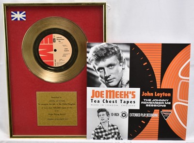 Lot 1103 - EMI golden disc single awarded to John Leyton for 500,000 sales of his 1961 number 1 hit 'Johnny Remember Me', together with a recently released 10-inch record - Joe Meek's tea chest tapes: The Joh...