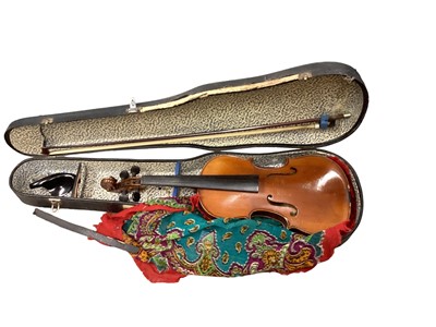 Lot 2213 - Continental full sized violin, with label - Copie de Nicolaus Amatius Cremoniea Hieronimi...., cased with bow, together with a full sized student violin, with label for The Maidstone