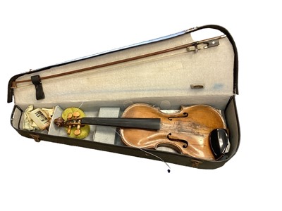 Lot 2201 - Antique violin, with single piece back, cased with bow