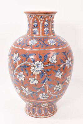 Lot 20 - Antique English Arts & Crafts Indian inspired terracotta Raj type vase, 35cm high