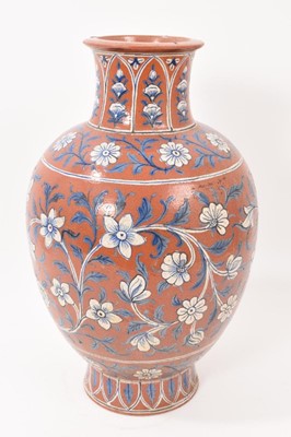 Lot 20 - Antique English Arts & Crafts Indian inspired terracotta Raj type vase, 35cm high