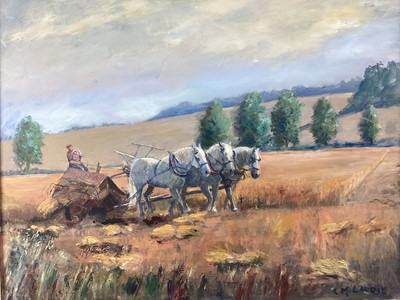 Lot 24 - Busky Laurie (1928-2020) oil on canvas - 'Cutting the Oats, Weylands Farm', titled verso, signed, framed