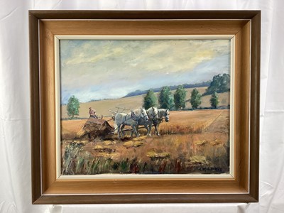 Lot 24 - Busky Laurie (1928-2020) oil on canvas - 'Cutting the Oats, Weylands Farm', titled verso, signed, framed
