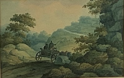 Lot 149 - Pair of Early 19th century English School watercolour in glazed gilt frames - figure with cart and figures crossing bridge (2)