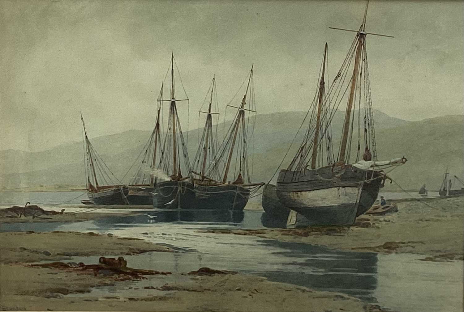 Lot 153 - Charles L. Saunders (1855-1915) - watercolour in glazed gilt frame - fishing boats at low tide