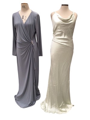 Lot 2052 - Ralph Lauren "Fall" grey manor evening dress with a paste set brooch detail, brand new with tags, size 16, Rickie Freeman for Teri Jon eau de nil silk evening gown with drape neck and gathered bac...