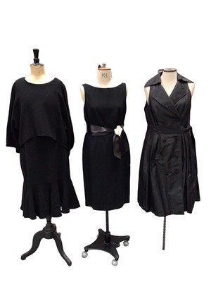 Lot 2054 - Rickie Freeman for Teri Jon black silk sleeveless tailored button up dress, size US 8, Teri Jon black wool layered skirt dress with frill hemline, new with tags, size UK 16, Talbots black cocktail...