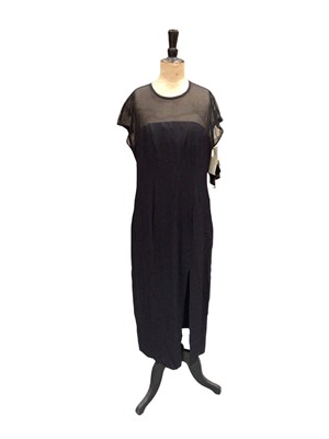 Lot 2056 - Talbots black cocktail dress with sheer top, size US 8, Rickie Freeman for Teri Jon black sheer dress with ruffled hem and a removable black slip, size US 8, Virgo II black evening with sheer top,...