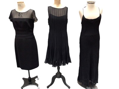 Lot 2056 - Talbots black cocktail dress with sheer top, size US 8, Rickie Freeman for Teri Jon black sheer dress with ruffled hem and a removable black slip, size US 8, Virgo II black evening with sheer top,...
