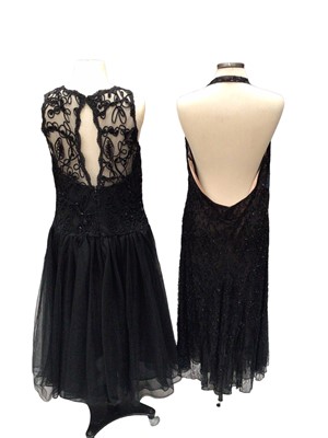 Lot 2056 - Talbots black cocktail dress with sheer top, size US 8, Rickie Freeman for Teri Jon black sheer dress with ruffled hem and a removable black slip, size US 8, Virgo II black evening with sheer top,...