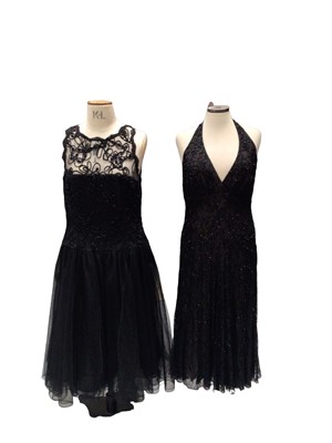 Lot 2056 - Talbots black cocktail dress with sheer top, size US 8, Rickie Freeman for Teri Jon black sheer dress with ruffled hem and a removable black slip, size US 8, Virgo II black evening with sheer top,...