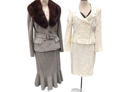 Lot 2060 - Ralph Lauren grey cashmere skirt suit with detachable faux fur collar, jacket size US 10 and skirt US 8, Ralph Lauren cream linen skirt suit, both size US 10, Ralph Lauren tartan skirt, size 22W, s...