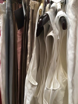 Lot 2064 - Group of linen and linen mix trousers and tops including Brooks Brothers, St. John, J. Jill, Lafayette 148, Talbots, Ulla Johnson etc, sizes US 8, 10, 12, 14, L (14 items)