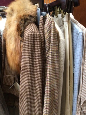 Lot 2066 - Group of Brooks Brothers clothing including wool check skirt suit with detachable fox fur collar, jacket size US 8 and skirt size US 10, similar check jacket, size US 14 and matching hat, suede ja...