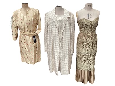 Lot 2073 - Spenser Jeremy gold silk with embroidered spots occasions strapless dress and matching bolero, new with tags, US size 8, gold and cream occasions dress with matching coat, no label and Jessica McCl...