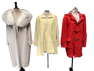 Lot 2076 - Burberrys' red duffle coat with check interior and toggle fastenings, label size 20, Escada yellow wool mix zip front coat, size 36, Robinson's California cream tweed coat with white fox fur collar...