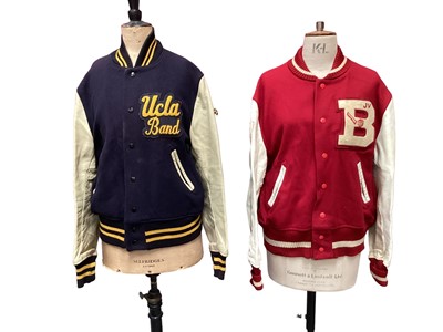 Lot 2078 - Group of vintage American jackets including JBLC Varsity red jacket with cream leather sleeves, UCLA Band navy jacket with cream leather sleeves, two Burbank Police Boys/ Youth Band blue cotton jac...