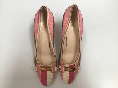 Lot 2084 - Pair of Gucci pink, green and cream striped canvas and leather heels with a bamboo horsebit design to the toe, size US 9B